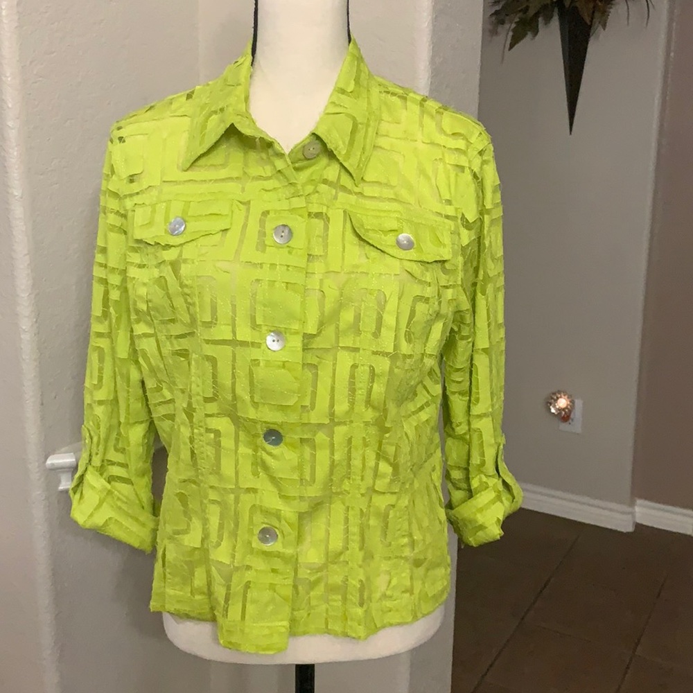 Ruby Road chartreuse green sheet geometric print buttons up shirt/jacket Size 14